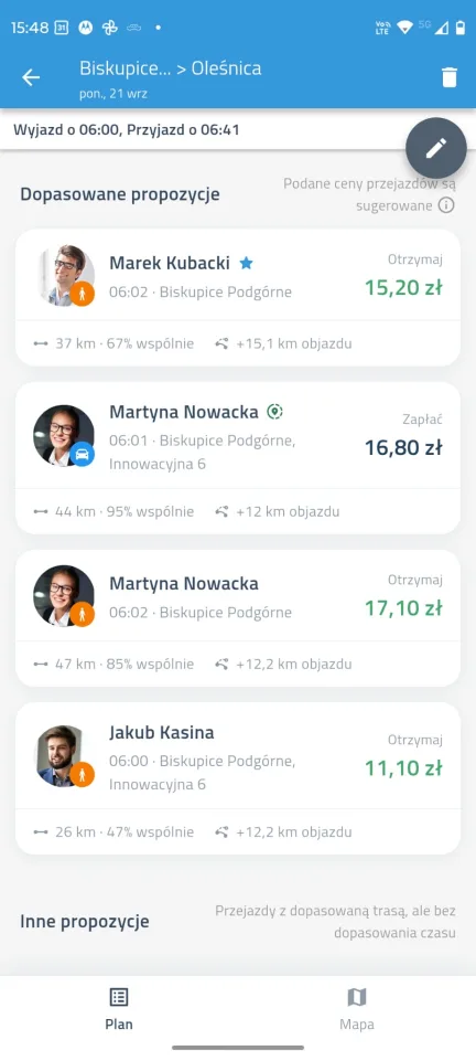 Ekran główny aplikacji: nadchodzące przejazdy i rozliczenia