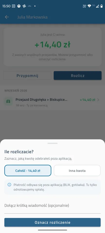 Ekran rozliczenia z kierowcą w aplikacji